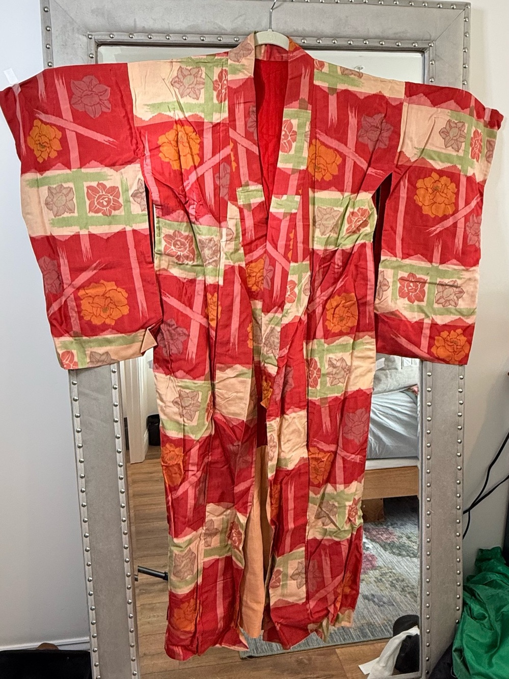 Antique Raw Silk Ikat Floral Kimono
